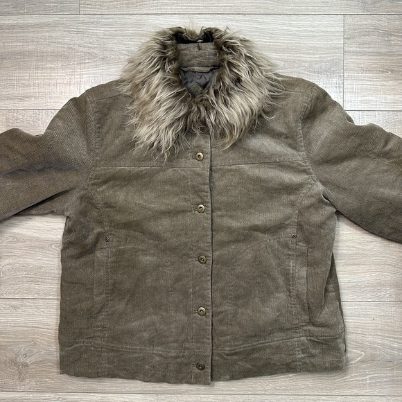 RP Sport Green Corduroy Detachable Fur Collar  Button Down Jacket Quilt Lining L - Picture 4 of 8